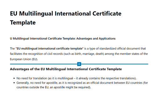 EU multilingual international certificate template