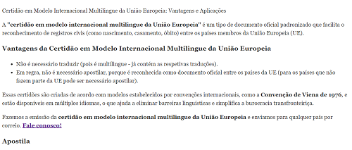 certidão em modelo internacional multilingue da União Europeia